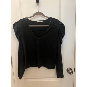 Avec les filles Puff Shoulder Long Sleeve M Top Black Wash V Neck Office Siren